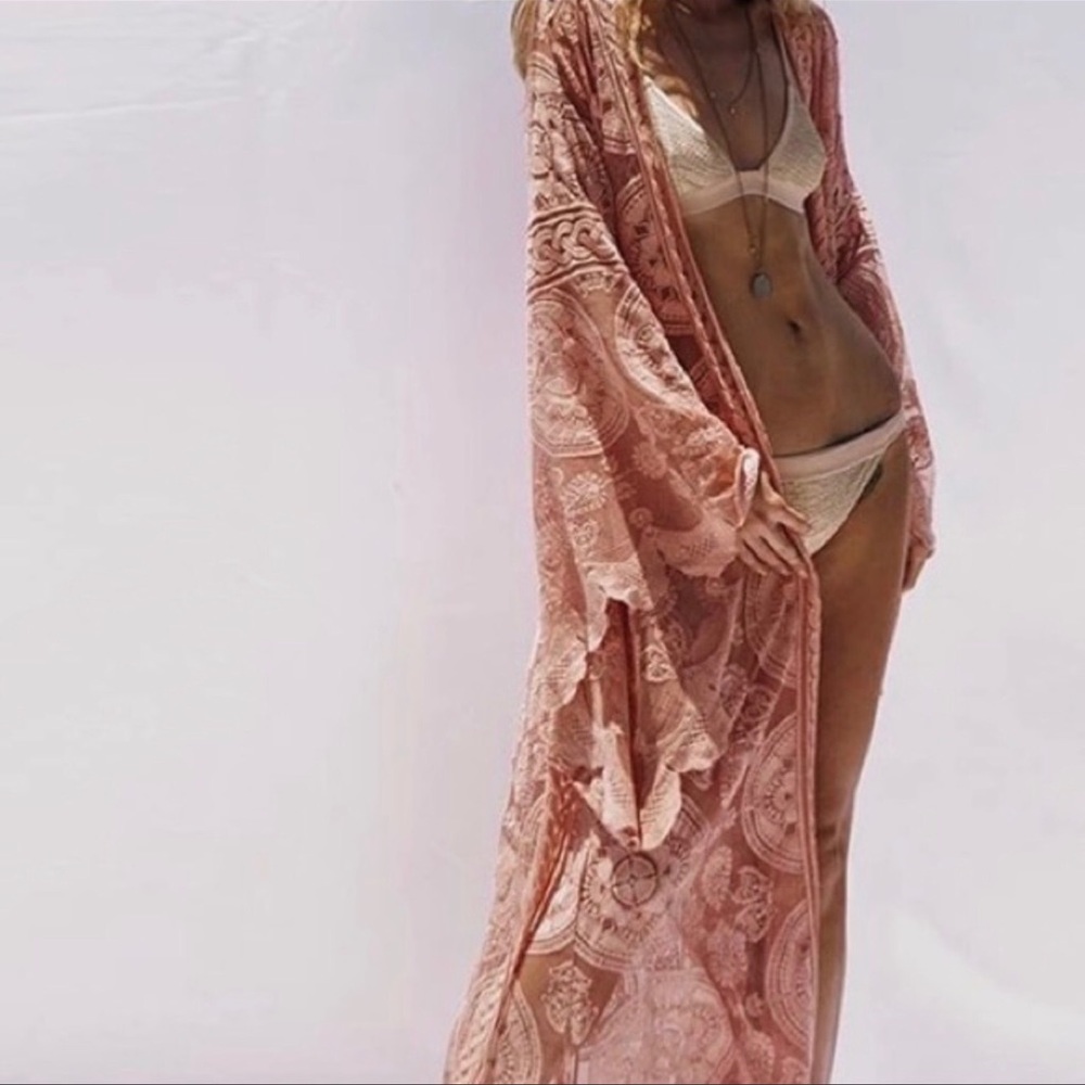 Boho Peachy Cream Scalloped Embroidered Malie Kimono Duster, Stressed Lace - Picture 6 of 8